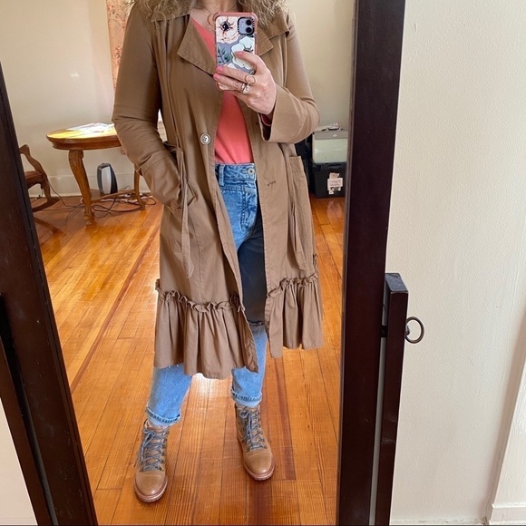 Anthropologie Tan Cotton Lined Ruffle Trench Coat - Picture 3 of 12